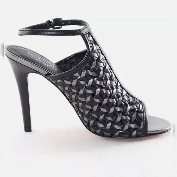 Coach Leela Leather Heels - Size 8.5 Black and Silver Woven Leather - Picture 3 of 12